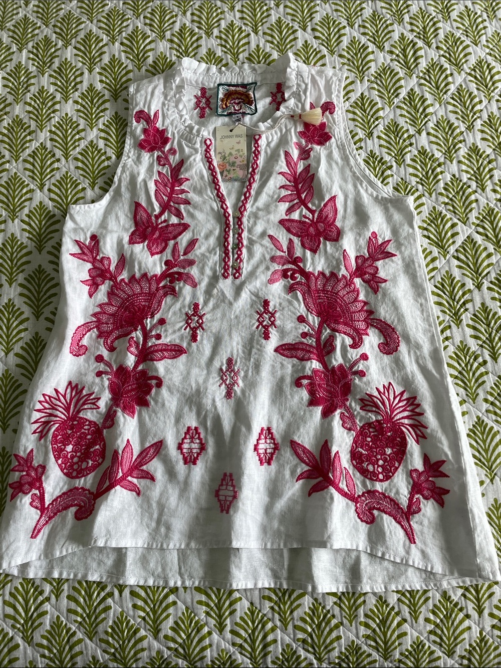 Johnny Was White Linen Top with Pink Embroidery and Green Trim